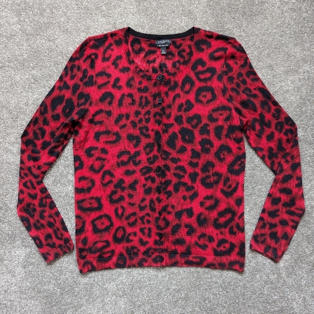 Talbots Sweater Cardigan Women’s Multicolor Pure Merino Wool Leopard Print Small